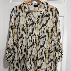 Trendy Women's Abstract Print Blouse with Half Button-Up Front and Roll-Up Tabs